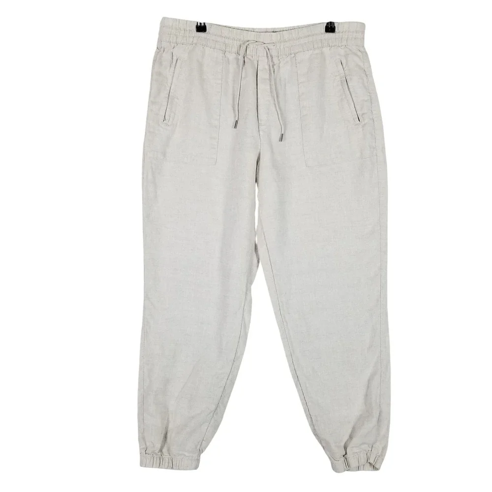 Athleta Jogger Pants Women Sz L Oatmeal Beige 100% Linen Drawstring Elastic Cuff